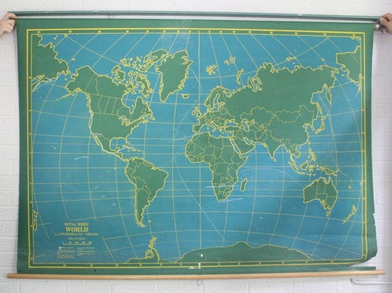 Vintage Two-Sided Chalkboard School Map - United States & World Pull Down/Classroom Map
