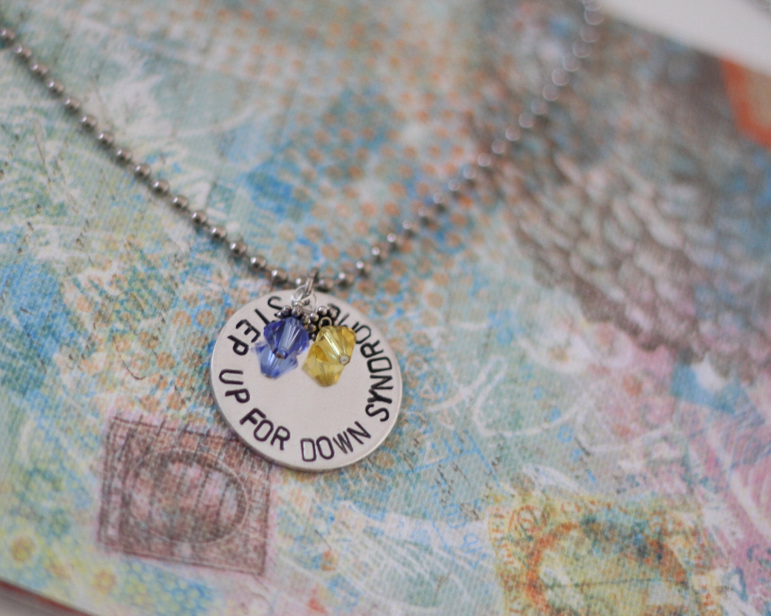 Step up for Down Syndrome - Hand Stamped Necklace with Blue & Yellow Swarovski Crystals -Down Syndrome Awareness