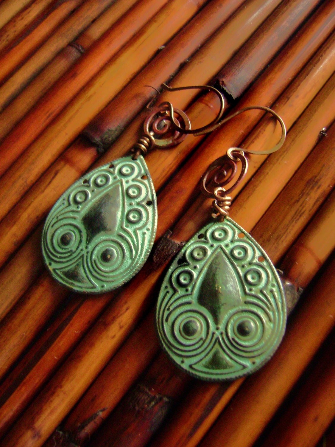 Ethnic Copper and Brass Teardrop Earrings-Tribal-Verdigris-Free Shipping