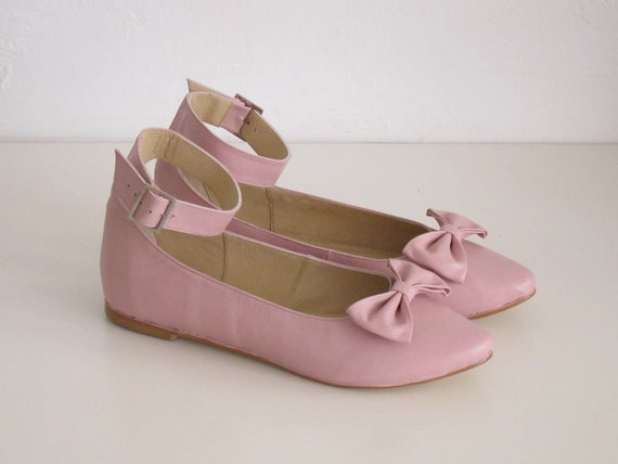 Pink leather ankle strap flat pointy shoe with bow
