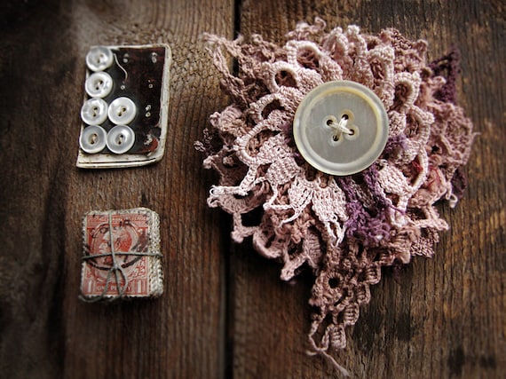 dusted moon - ragged doily brooch - vintage hand dyed crochet - antique button