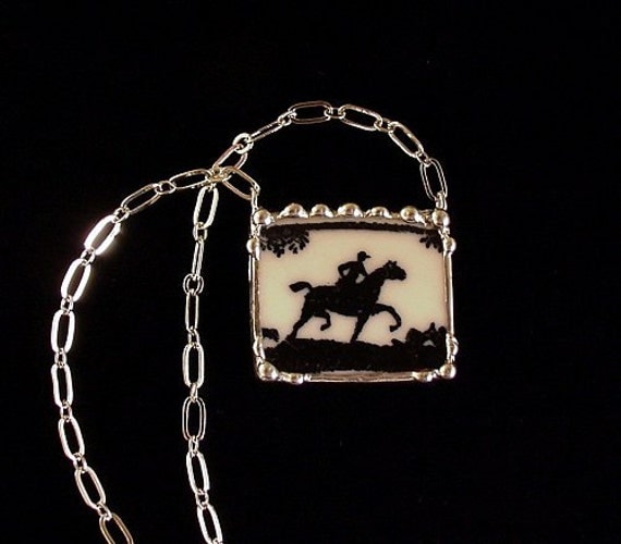Broken china jewelry necklace equestrian horse made from an antique broken china plate