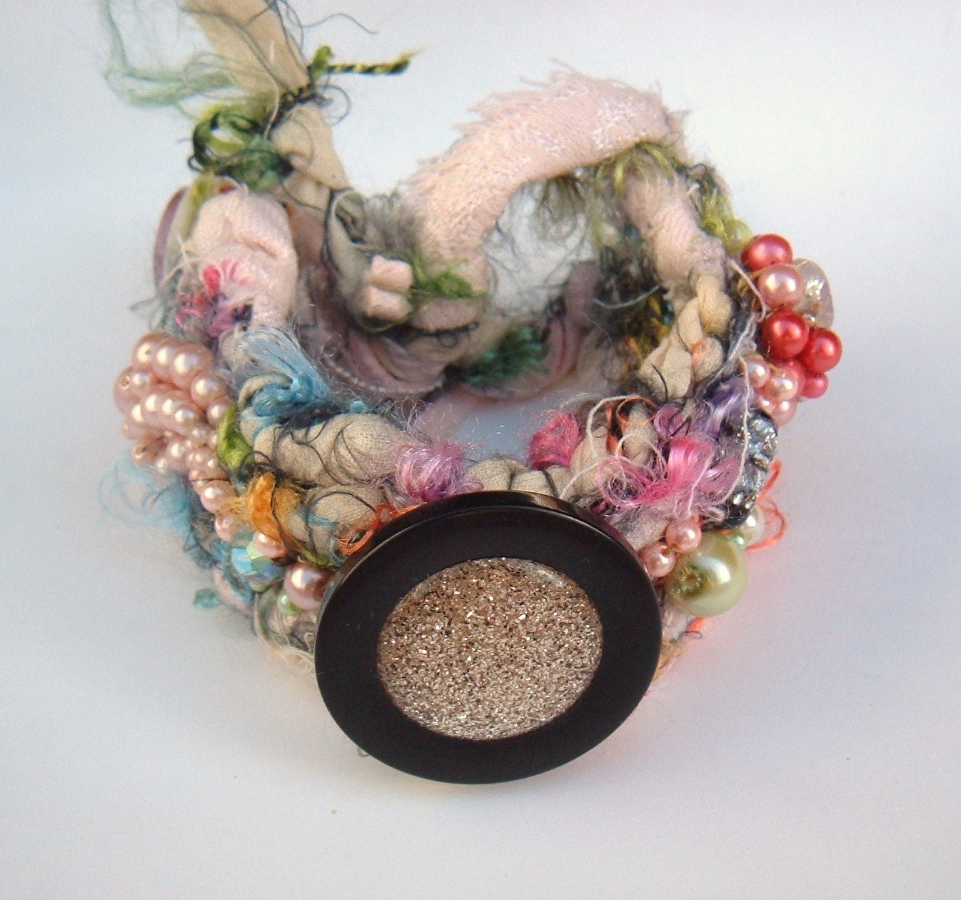 Rag Crochet Embellished Pinks and pastels Bracelet recycled Vintage OOAK