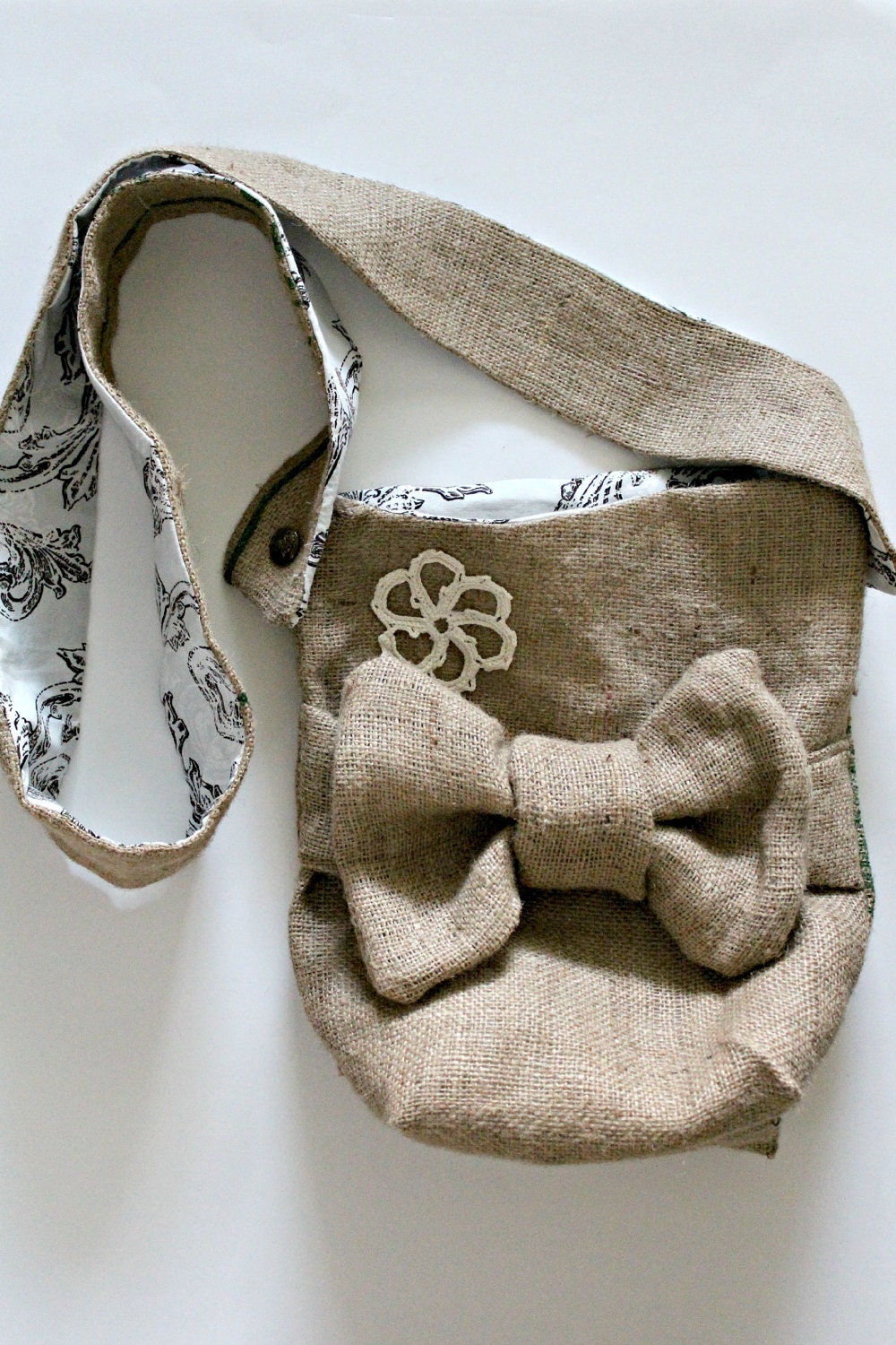 burlap purse with bow adjustable strap coffee bag fully lined with blue and brown print with doily