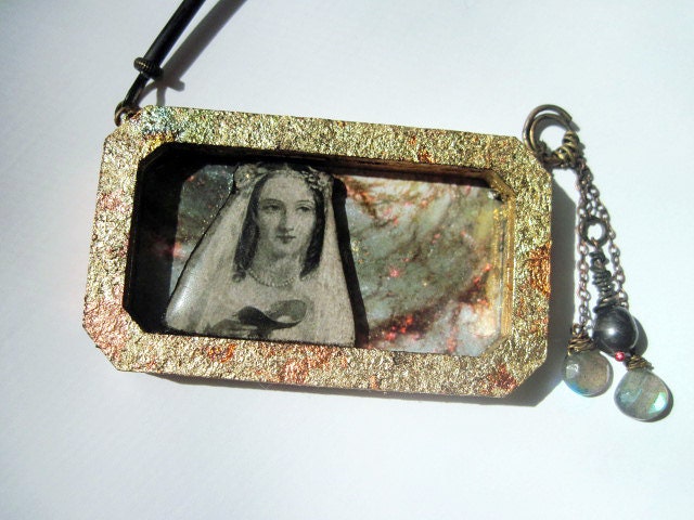 Bride of Vast Spaces. Cosmic Victorian Tribal Pendant Necklace with Druzy, Virgin Mary, Galaxy Nebula.