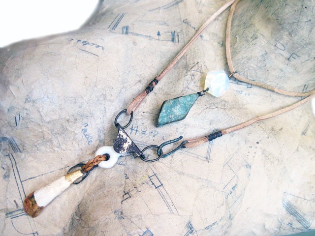 The The Garden of All Hope. Cosmic Rustic White Found Object Necklacer with Gold Leaf, Buffalo Tooth.
