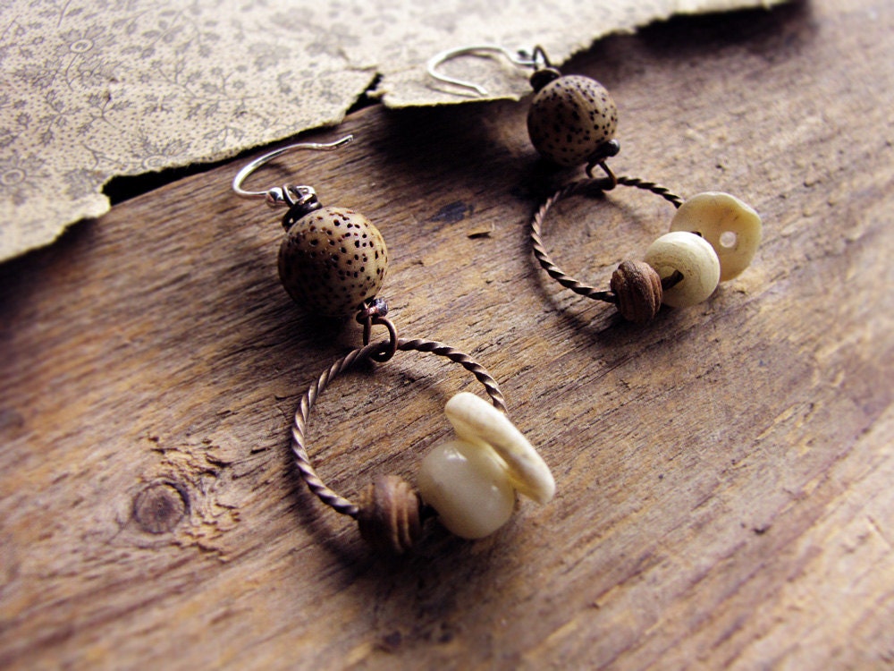 prarie seeds - romantic rustic earrings - mother of pearl bone and wood - primitive eco friendly jewelry