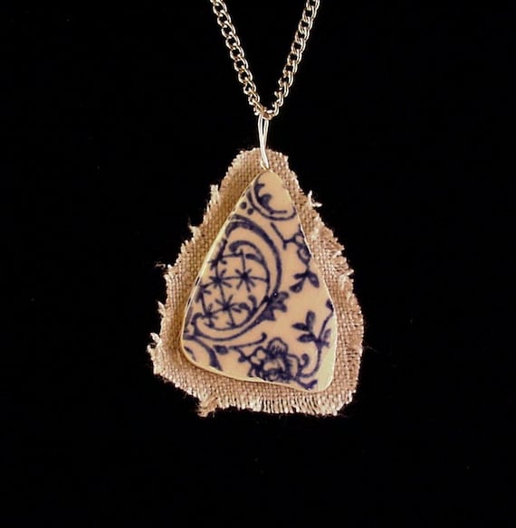 Broken china jewelry shard and linen pendant necklace antique blue toile English transferware