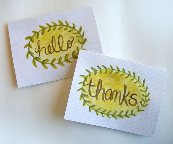 Hemp Watercolor Hello and Thanks Art Note Cards, Set of 2 - Hand painted - Blank inside