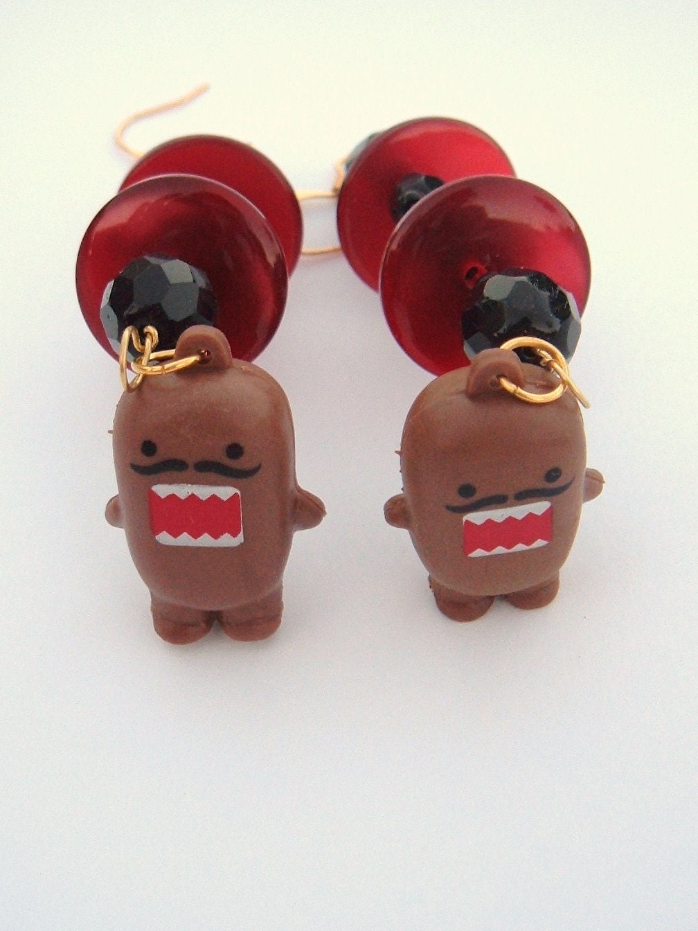 Domo earrings recycled vintage kitsch mustache red and black danglers