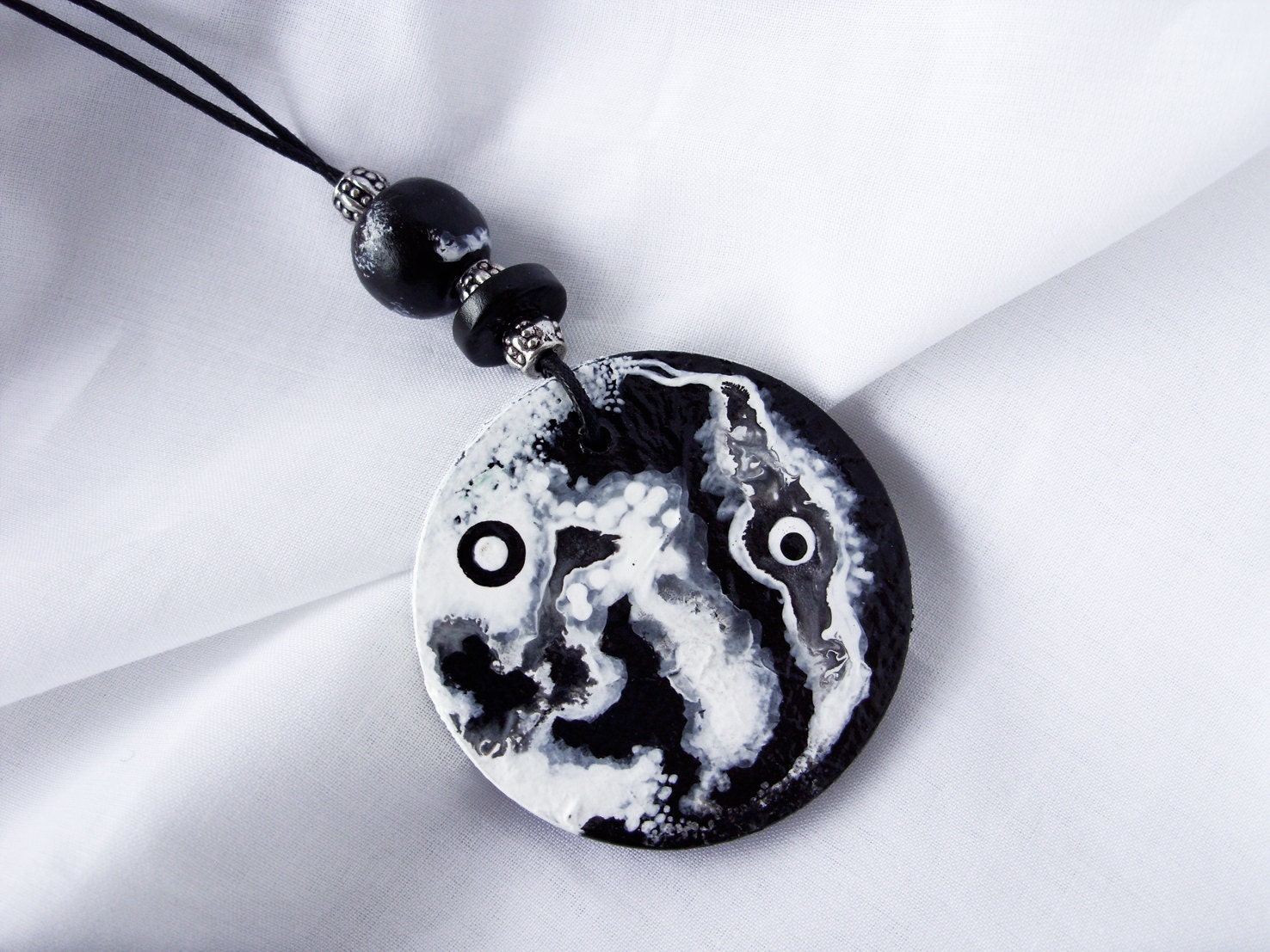 Necklace -  Black and white Wooden Pendant - modern Wearable Art - OOAK -