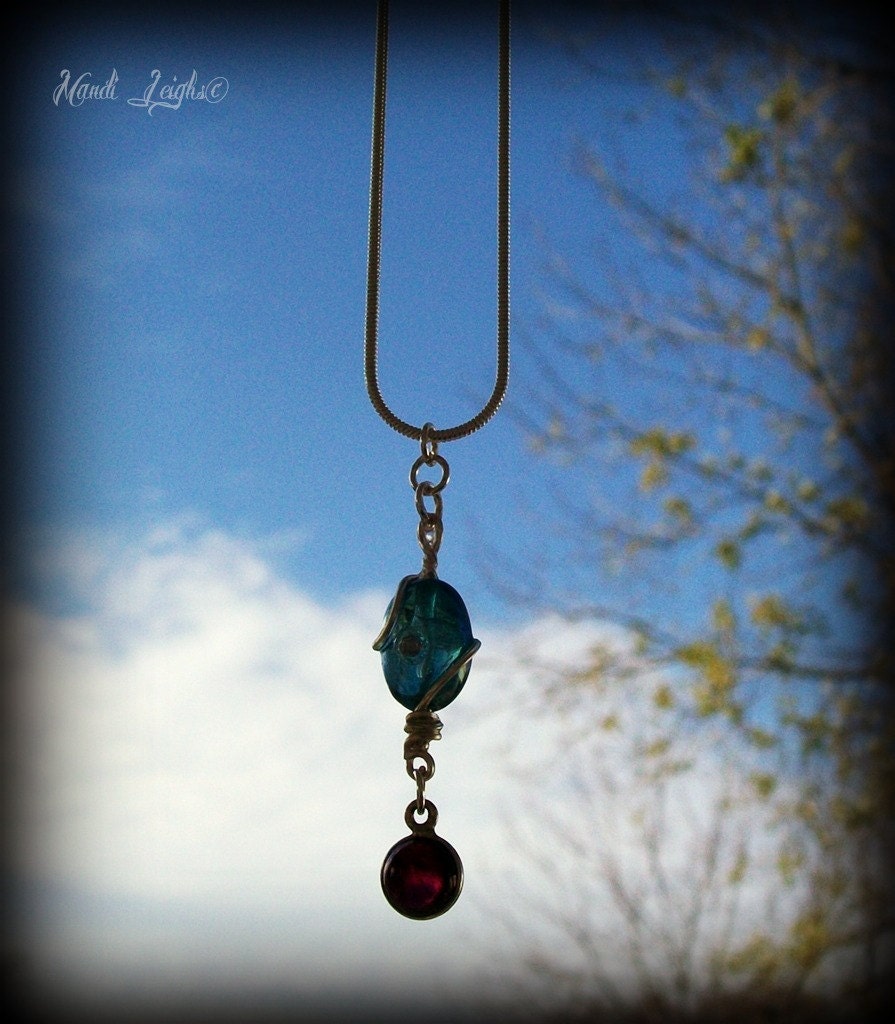 Aqua Aura Diamond and Garnet Sterling Silver Wire Wrapped Necklace