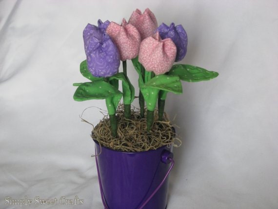 Fabric Flower Bouquet with vase - lavender and pink fabric flowers arrangement- Lavender and Pink Flower Centerpiece. Set of 6 tulips