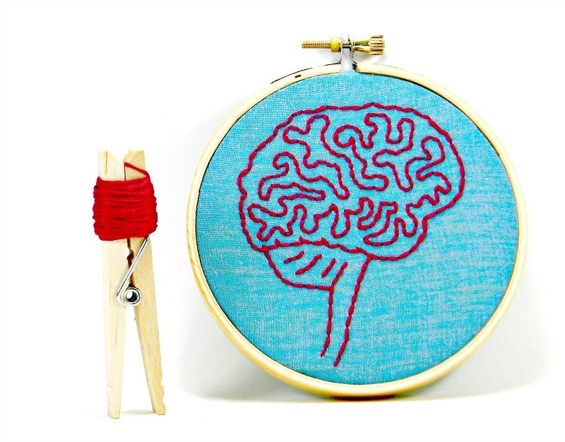 Blue and Pink Brain Anatomy Mini Hoop Art. Hand Embroidered.