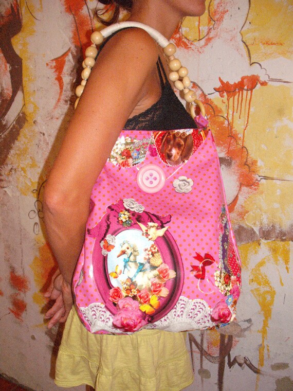 Handbag - Waterproof retro style fabric beaded handle large button bag
