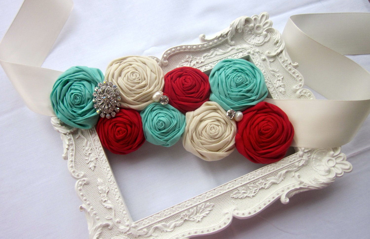 Rolled Rosette Sash for Bride, Bridesmaids, Flower Girls, or Maternity Shoots in Red, Tiffany Blue, and Ivory