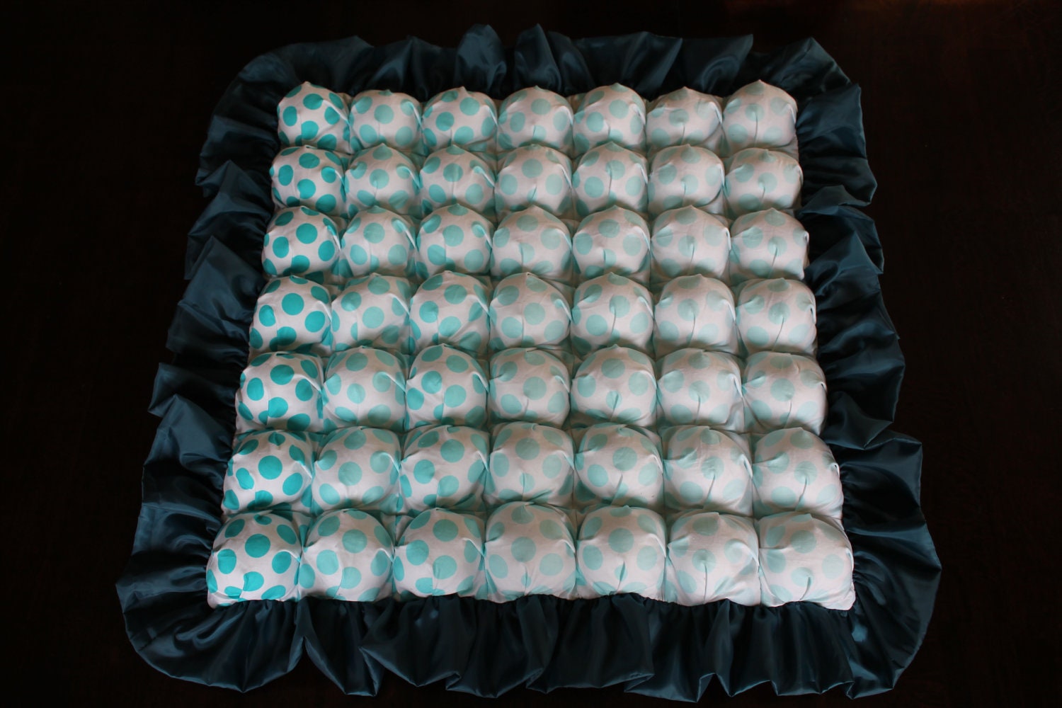 Bubble Blanket - Biscuit Quilt - Ombre Dots - Turquoise and White Bubble Baby Blanket with Dark Teal Ruffle and Grey Backing - Ready to Ship