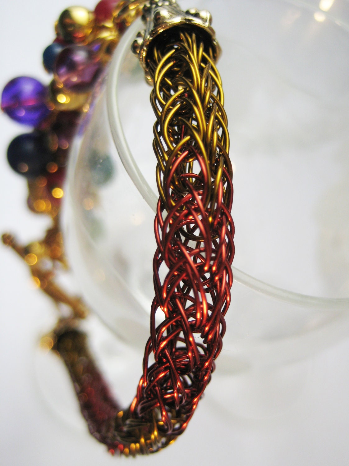 Viking Knit Bracelet with reused autumn beads and leaves