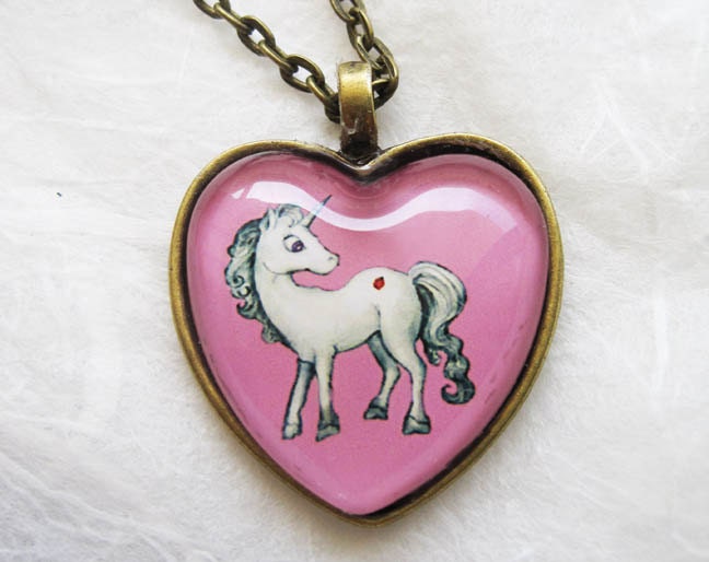 Cute Baby Unicorn Fantasy Jewelry - Hot Pink- HEART GLASS PENDANT