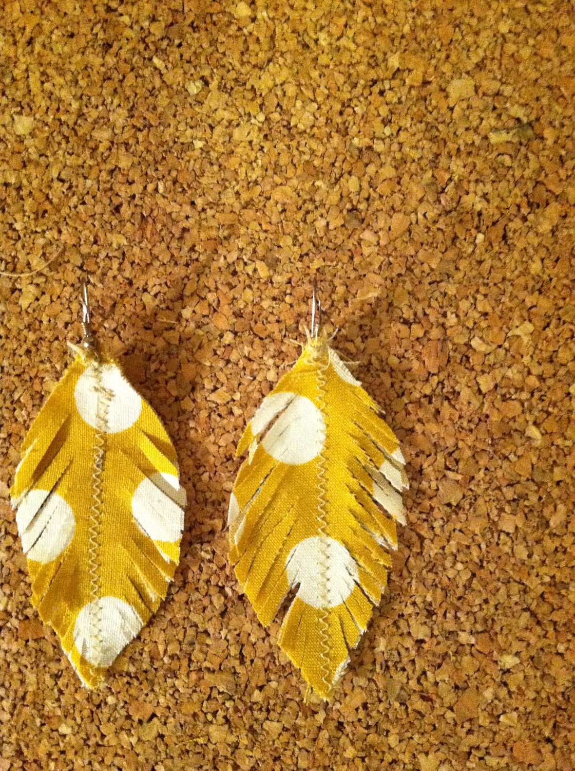 Vintage Fabric Feather Earrings Yellow Polka Dots