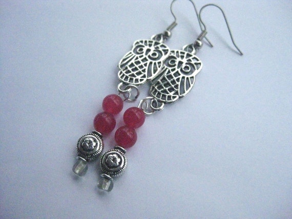OWL Earrings Silver Tone with Hot Pink Glass Beads French Hook FREE Shipping