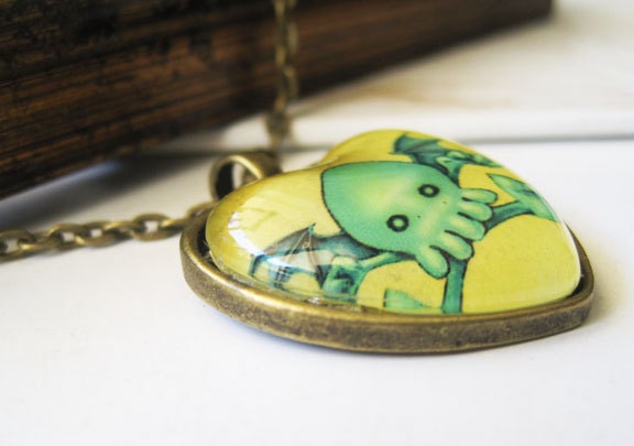 Cute Cthulhu Necklace, Heart Shaped Bronze,  Antique Glass Pendant