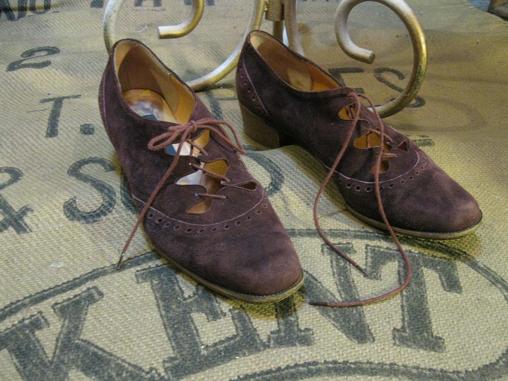 Burgundy Wine Wingtip tie ghillies vintage suede Oxford Menswear shoes 37 7 8