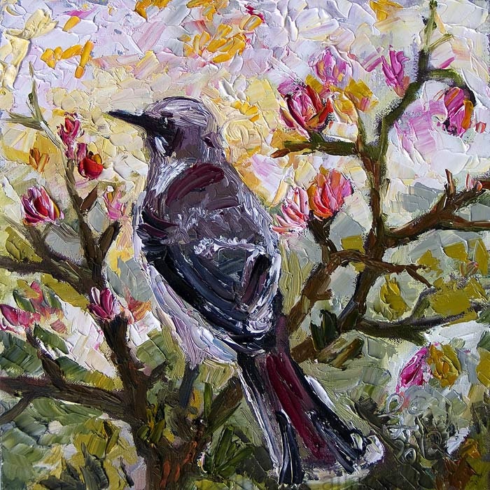 Impressionist Mocking Bird 12 by 12  Original Oil Painting Palette Knife by Ginette