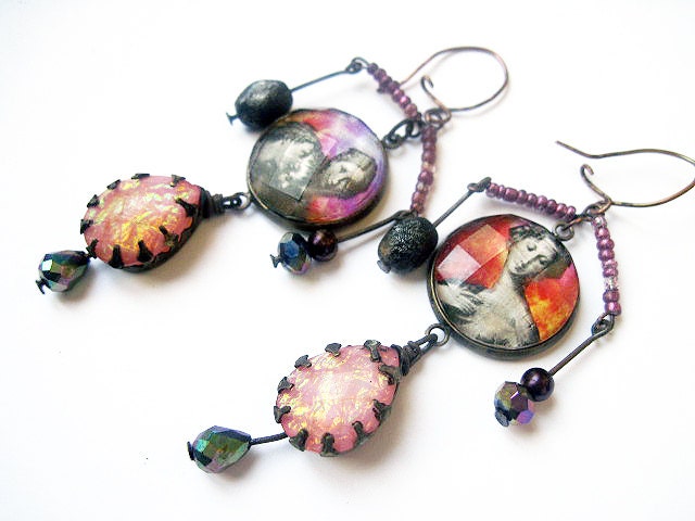 Say It to my Heart. Hot pink victorian cosmic iridescent asymmetrical assemblage earrings.