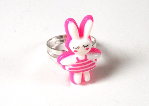 White and Pink Bunny Silver Ring