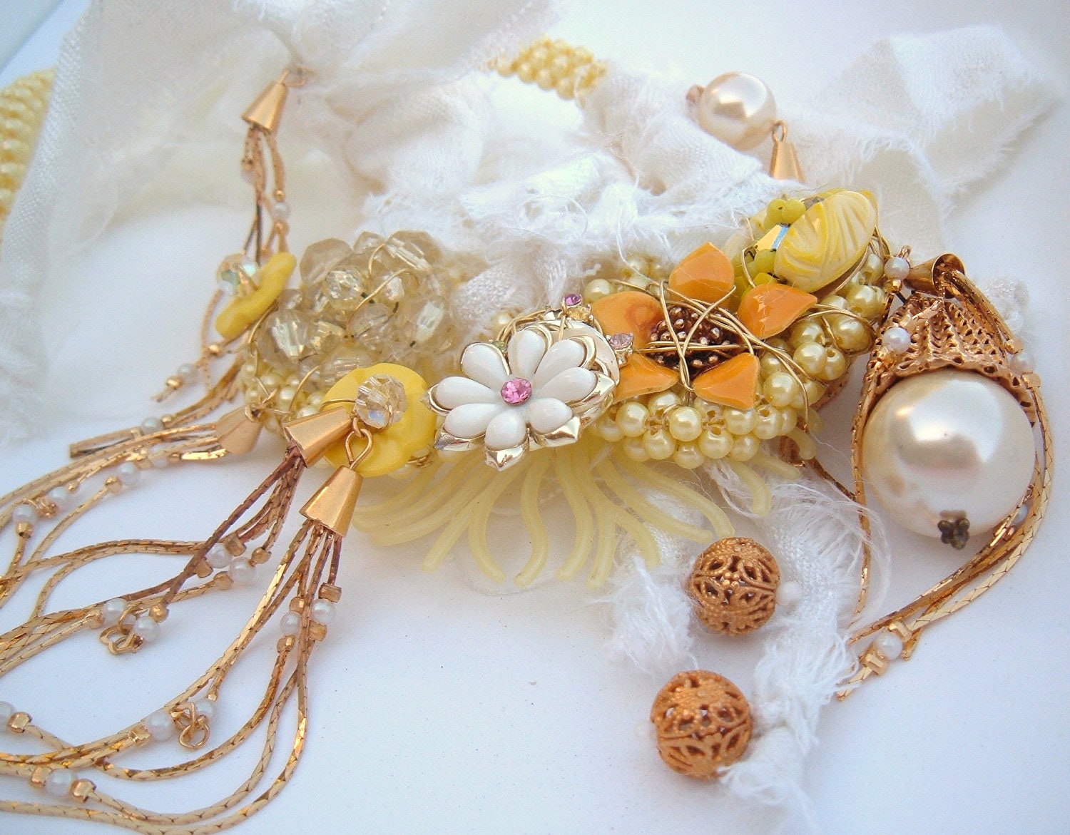 Yellow SheDazie Vintage recycle statement flowers and romance ooak necklace