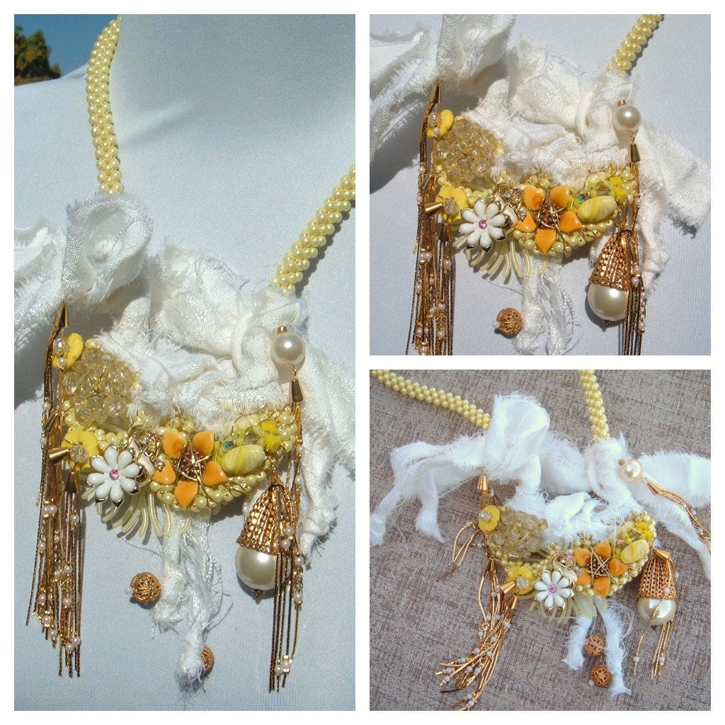 Yellow SheDazie Vintage recycle statement flowers and romance ooak necklace