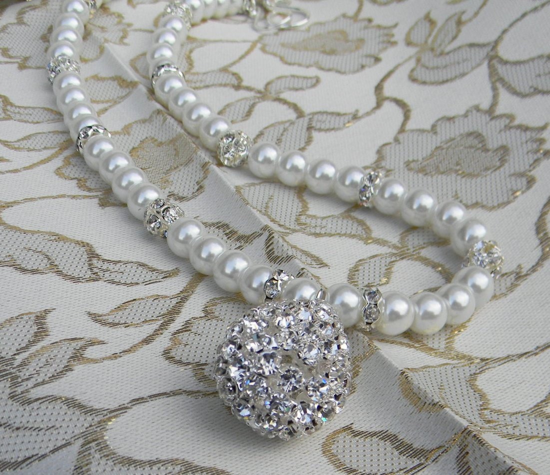 Pearl & Rhinestone Teardrop Bridal Necklace-Bridal White Glass Pearl Necklace,Hollywood Glamor, Princess Bridal Necklace