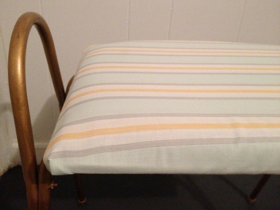 Upcycled Vintage Gold Metal Sitting Bench - Mint, Yellow, Gray Stripes