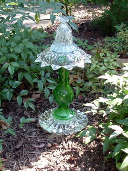 Garden art, garden totem, glass suncatchers.  Garden decoration made with repurposed glass.