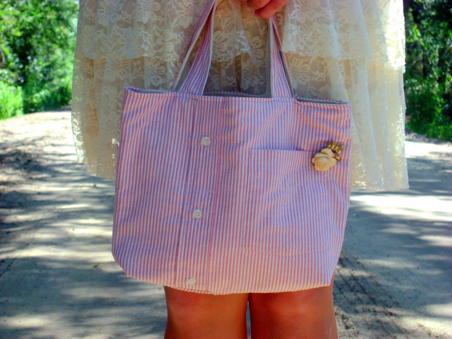 Pink and White Seersucker Shirt Purse with Vintage Broach