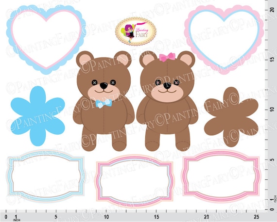 Clipart Clip Art Cute clipart set Teddy Bear Baby Bears Scalloped Heart Label Girl Boy Digital Paper Paperpack Commercial Use Ok pf00020-12