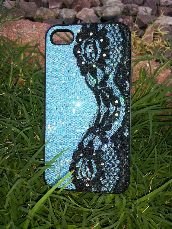 iPhone Case 4 4s Light Blue Glitter Black Lace flower Rhinestones Crystals cell phone cover