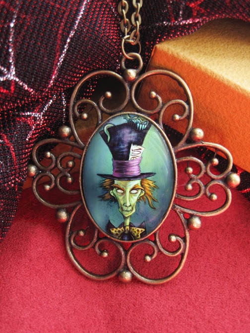Gothic Mad Hatter, Alice in Wonderland Antique Style Pendant--Bronze Cameo Necklace