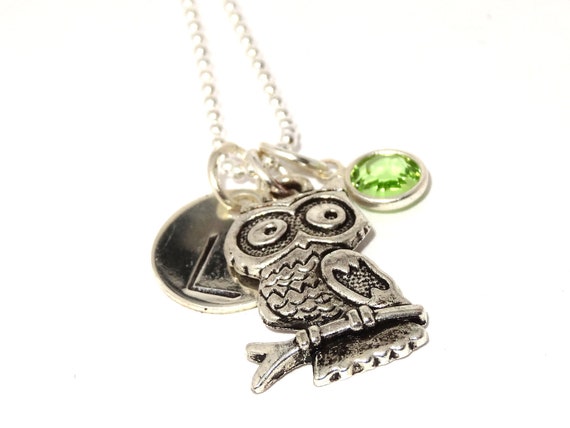Personalized Jewelry - Owl Charm Necklace - Sterling Silver Necklace With Hand Stamped Initial And Birthstone