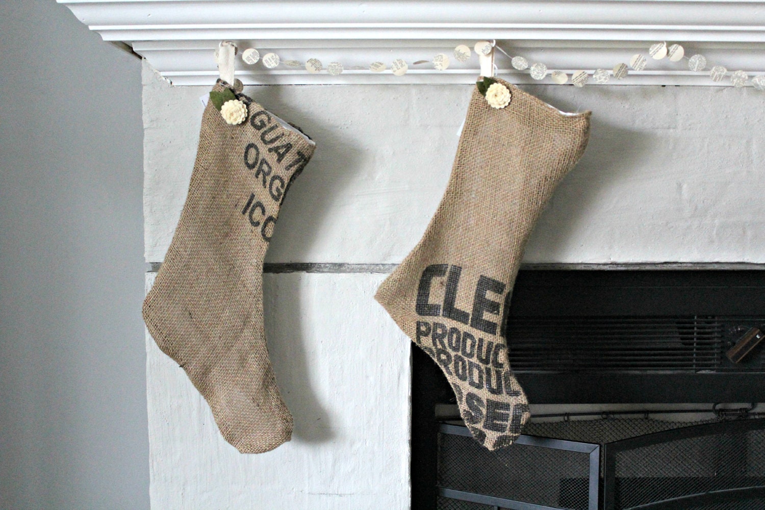 simple burlap christmas stocking with cream wool felt flower lined with white cotton