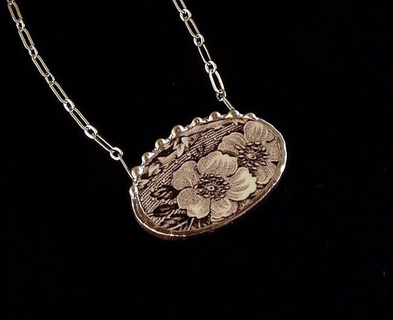 Black floral toile English transferware broken plate broken china jewelry necklace