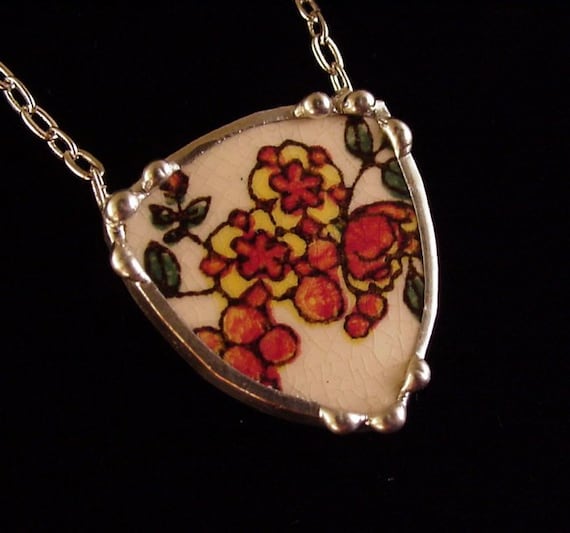 Antique floral transferware autumn tones broken plate broken china jewelry necklace