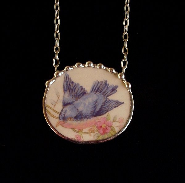 Antique Fluffy Bluebird china broken china jewelry necklace made from a broken plate