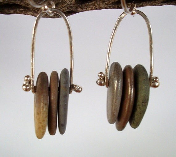 Earrings - Sterling Silver - Stacked Beach Stones - Trapeze Hoop - Silversmith - RMD Designs