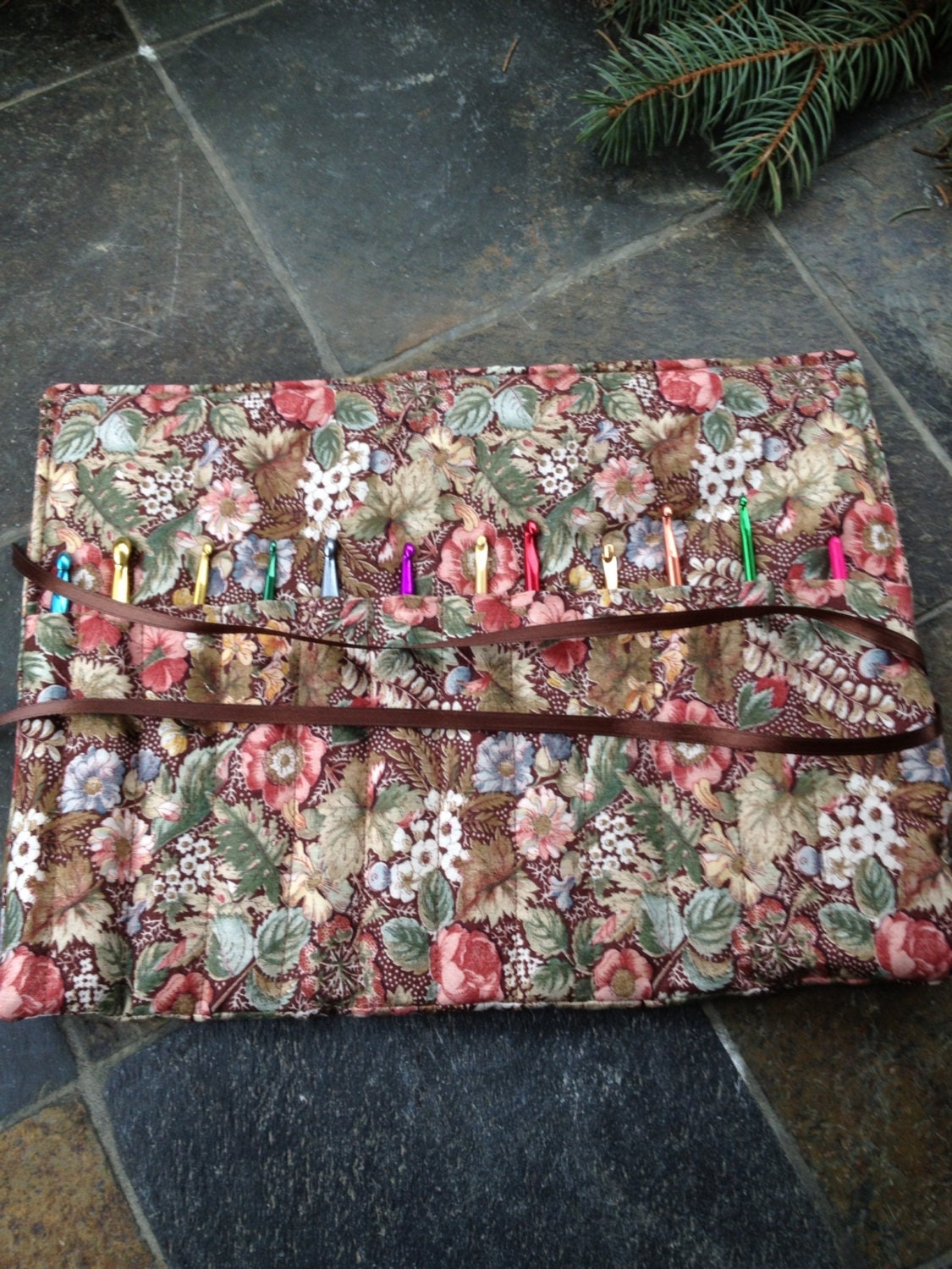 Crochet Hook Organizer/ Holder - Holds 12 Needles - Brown Floral