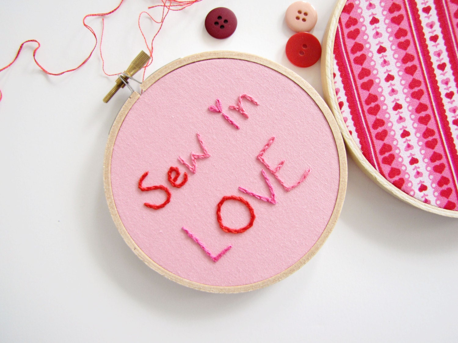 Embroidery Hoop Romantic Wall Art Set of Two - "Sew in Love" in red and pink, hearts, Valentines Day gift, wedding prop, holiday decoration