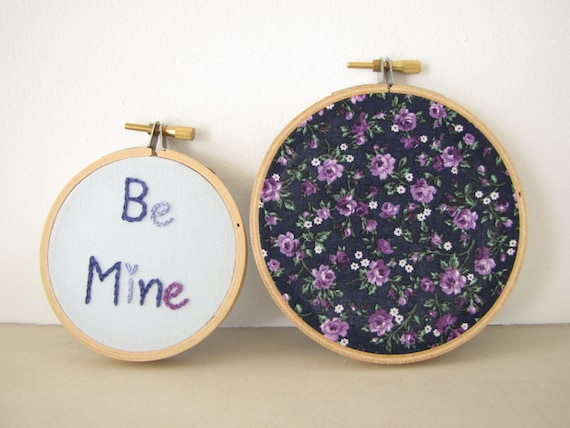 Embroidery Hoop Wall Art Set of Two - "Be Mine" in blueberry - blue, navy, lilac purple, Victorian Valentines Day gift, wedding decoration