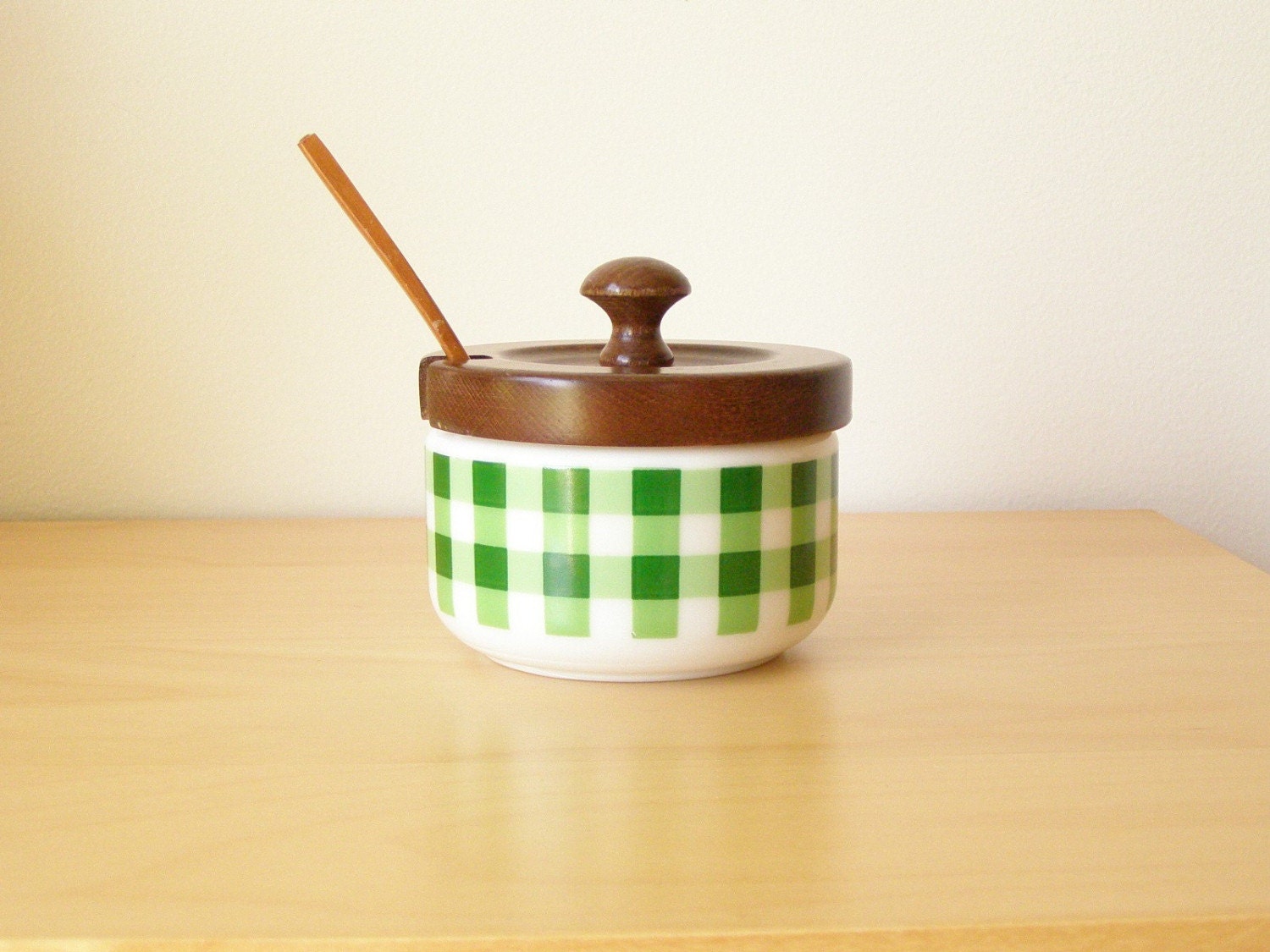 Green Gingham Condiment Bowl with Spoon