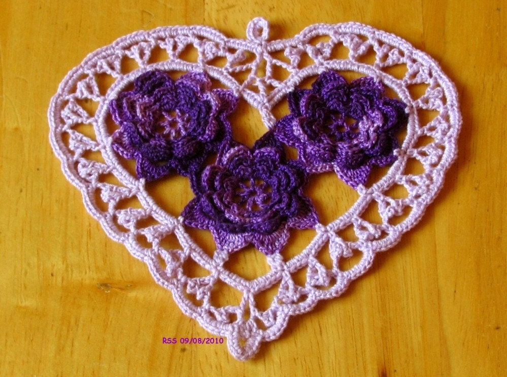 Lavender HEART with 3D Purple ROSES, Irish Crochet, Trinket, Doily, Applique, Fiber Art